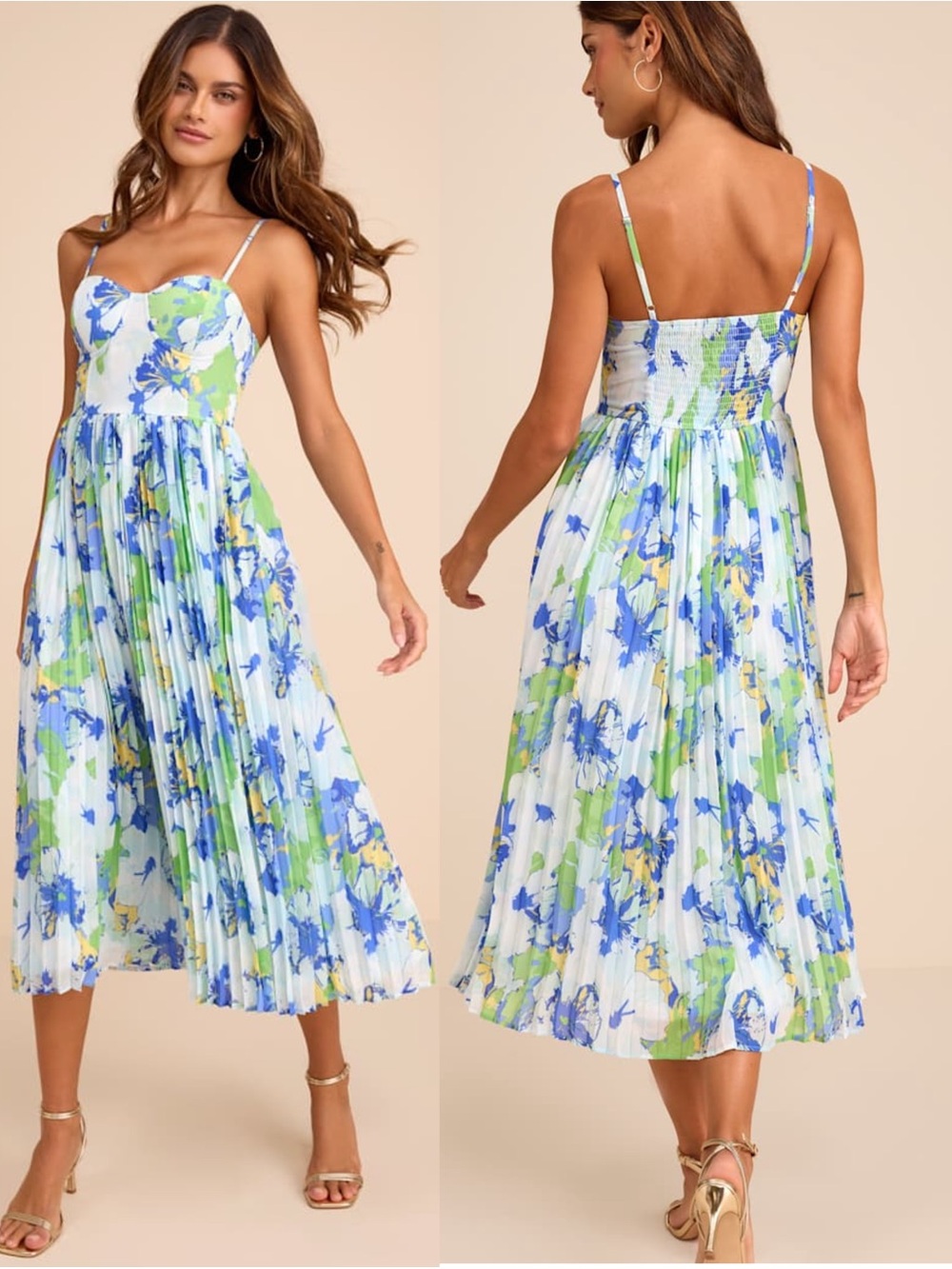 LULUS Floral Sweetheart Neck Bustier Pleated Skirt Wedding Guest Dress Medium